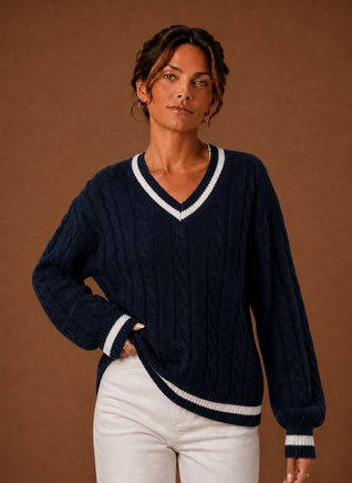 Damen Zopfstrickpullover mit V-Ausschnitt