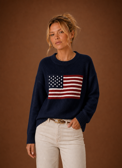 Damen Pullover mit Rundhals und Flaggen-Strickmuster