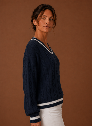 Damen Zopfstrickpullover mit V-Ausschnitt
