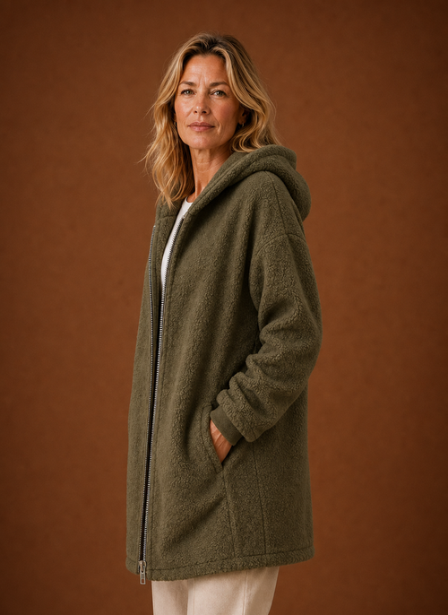 Damen Fleecejacke lang mit Kapuze