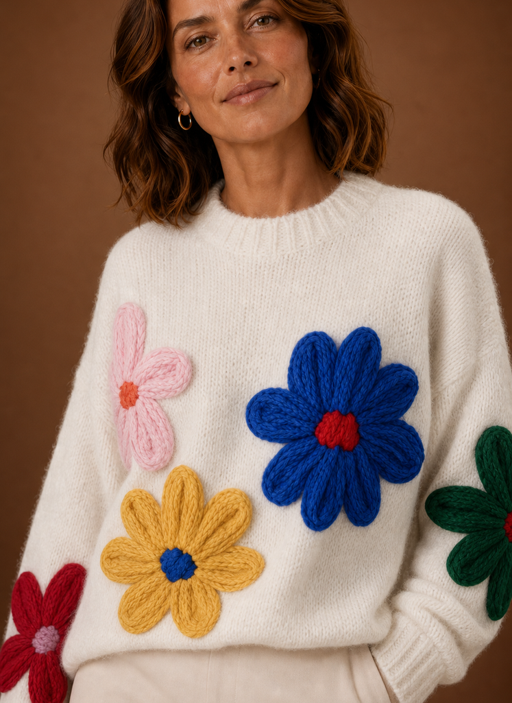 Damen Strickpullover mit Blumenmuster oversized