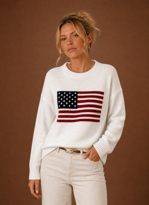 Damen Pullover mit Rundhals und Flaggen-Strickmuster