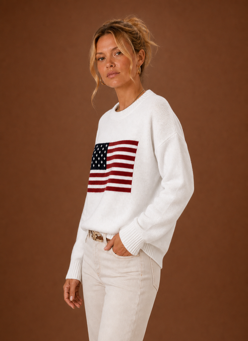 Damen Pullover mit Rundhals und Flaggen-Strickmuster